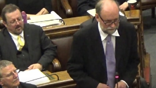 Cllr Phil Gilchrist (right) (Leader of the Liberal Democrat Group of councillors on Wirral Council) speaking at the Budget meeting of Wirral Council (6th March 2017)