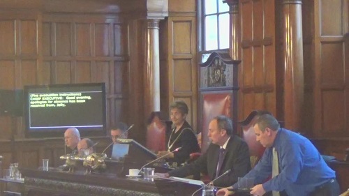 Liverpool City Council Budget Meeting 4th March 2015 showing the screen used for a live transcript of the meeting