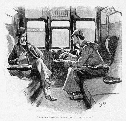 Sherlock Holmes and Dr Watson on a train