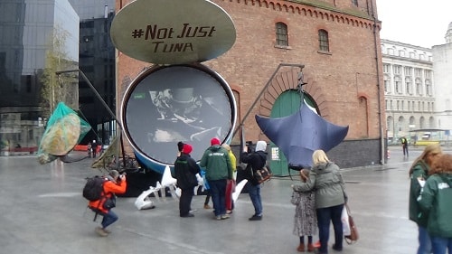 Greenpeace protest outside Mann Island Liverpool about John West and tuna fishing 28th October 2015