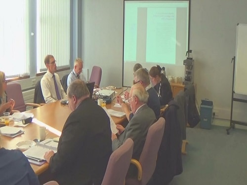 Pensions Board meeting 13th October 2015 Foreground L to R Unknown, Patrick Moloney, Mike Hornby, Paul Wiggins, John Raisin (Chair), Anne Beauchamp Background L to R Unknown, Peter Wallach (Head of Pension Fund), Joe Blott (Strategic Director for Transformation and Resources)
