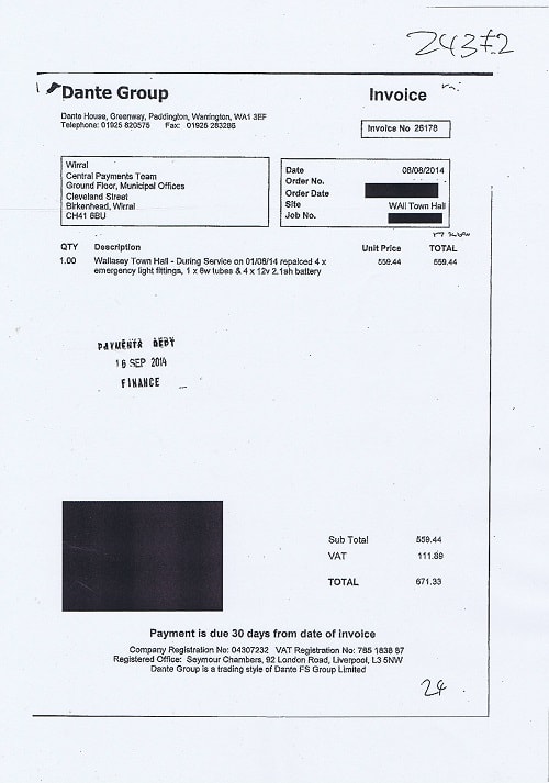 Wirral Council invoice Dante Wallasey Town Hall £671.33 thumbnail