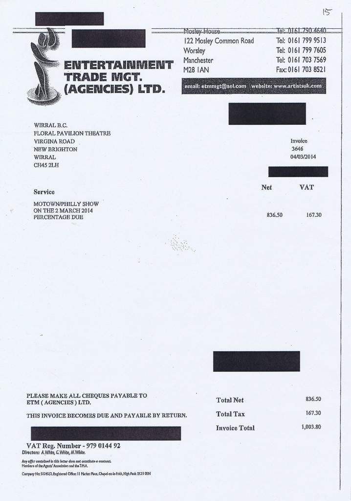 Wirral Council invoice 15 Entertainment Trade Mgt Agencies Ltd Motown Philly Show £1003.80