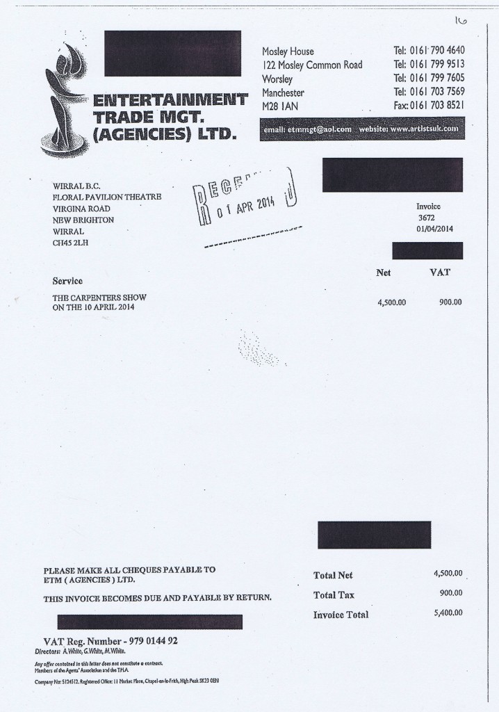 Wirral Council invoice 16 Entertainment Trade Mgt Agencies Ltd The Carpenters Show £5400