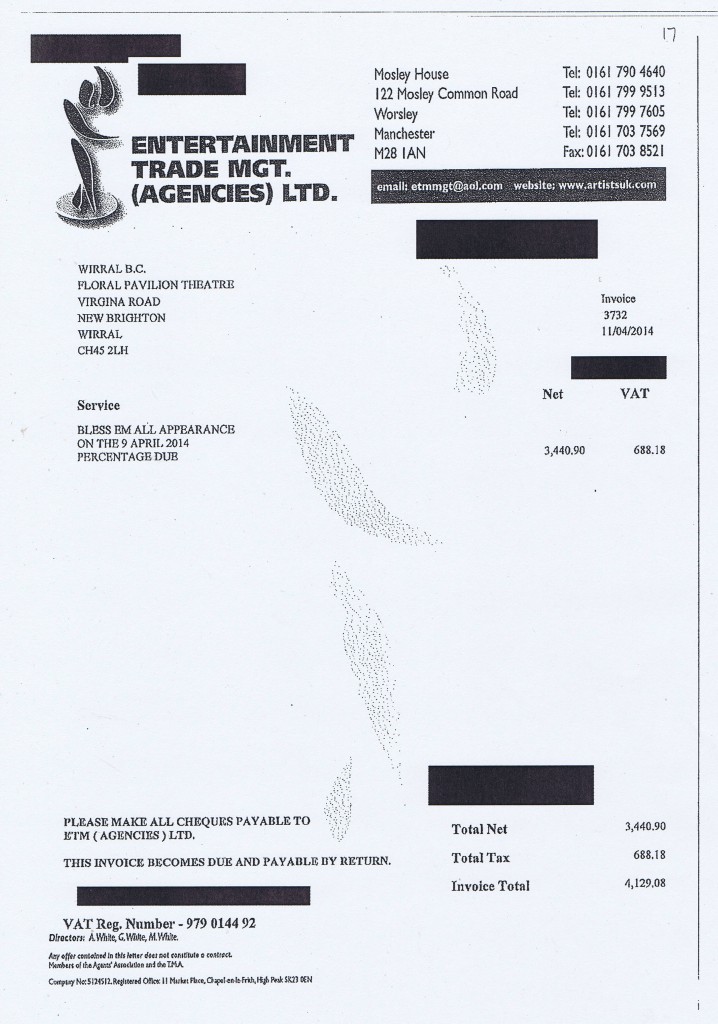 Wirral Council invoice 17 Entertainment Trade Mgt Agencies Ltd Bless Em All Appearance £4129.08