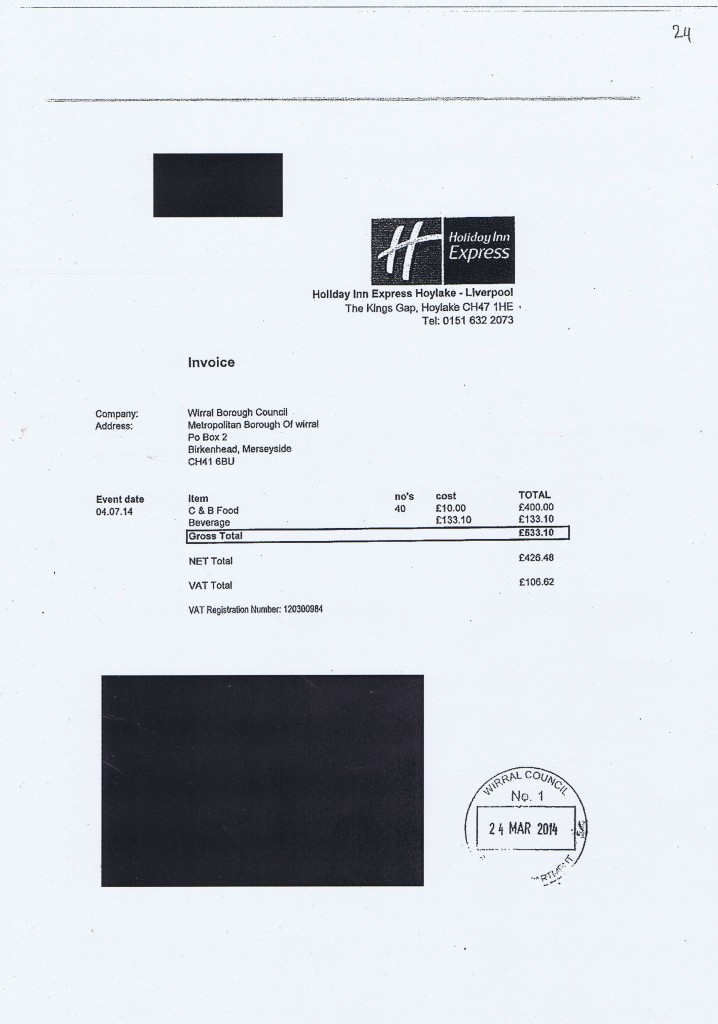 Wirral Council invoice 24 Holiday Inn Express food and beverage £533.10