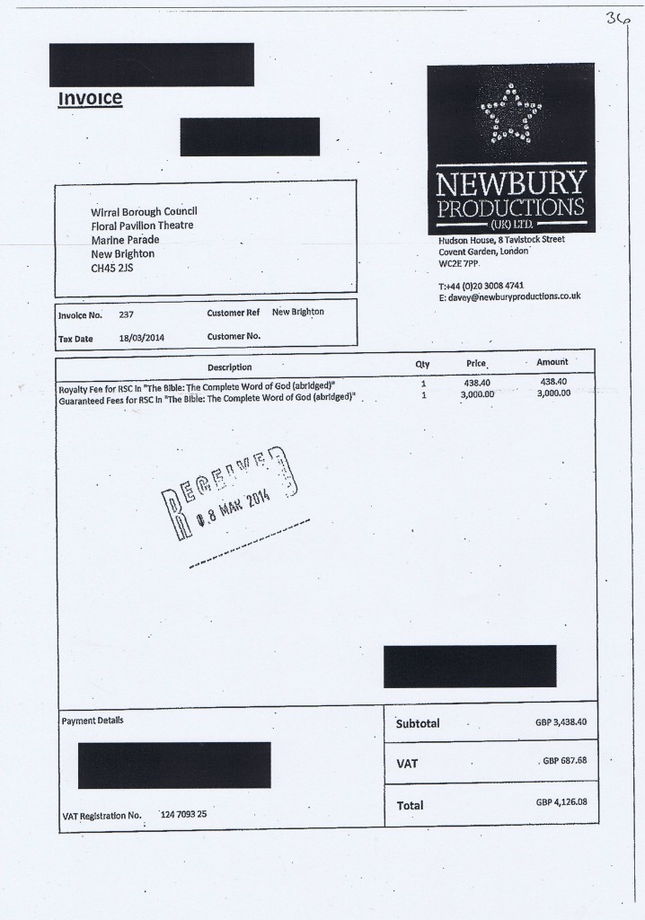 Wirral Council invoice 36 Newbury Productions (UK) Ltd £4,126.08