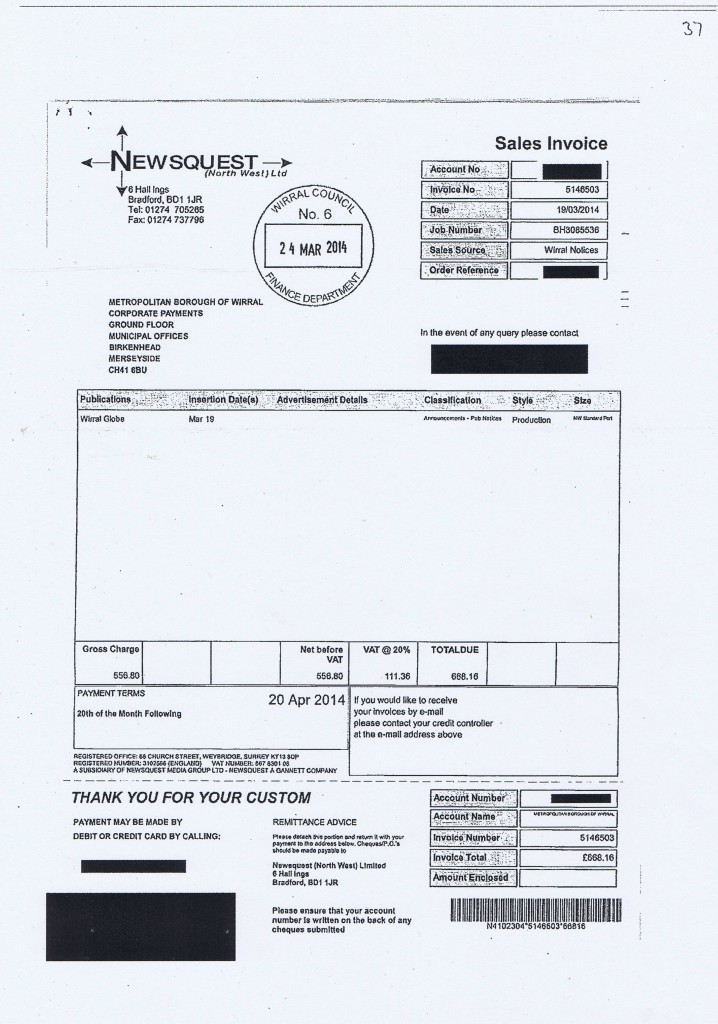 Wirral Council invoice 37 Newsquest (North West) Ltd £668.16