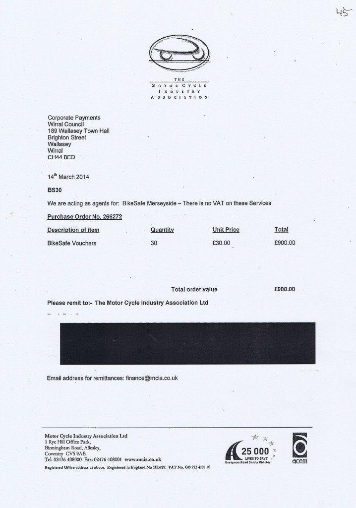 Wirral Council invoice 45 The Motorcycle Industry Association £900