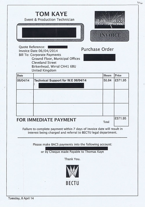 Wirral Council invoice 46 Tom Kaye £571.95