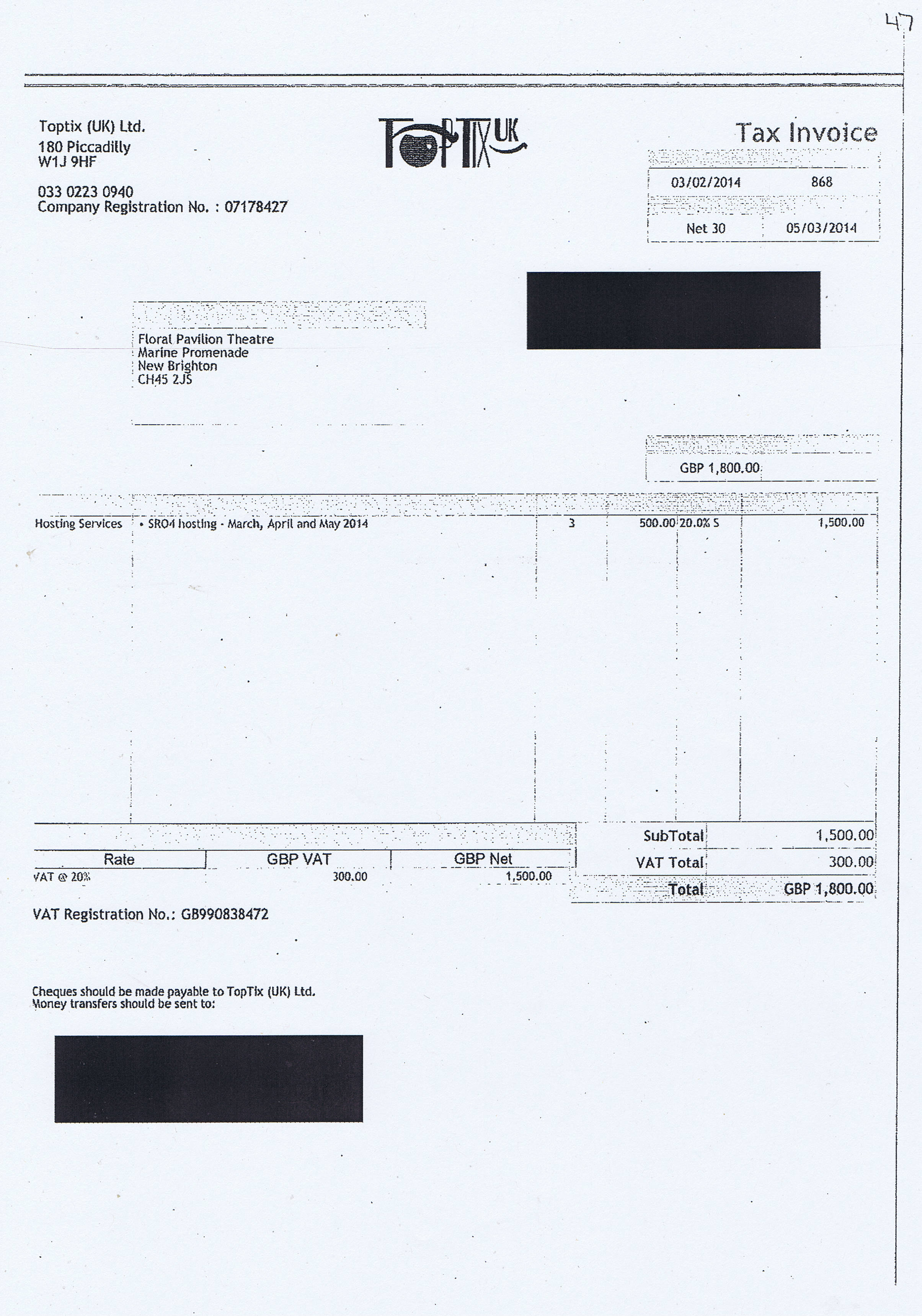 Wirral Council invoice 47 Toptix (UK) Ltd £1800