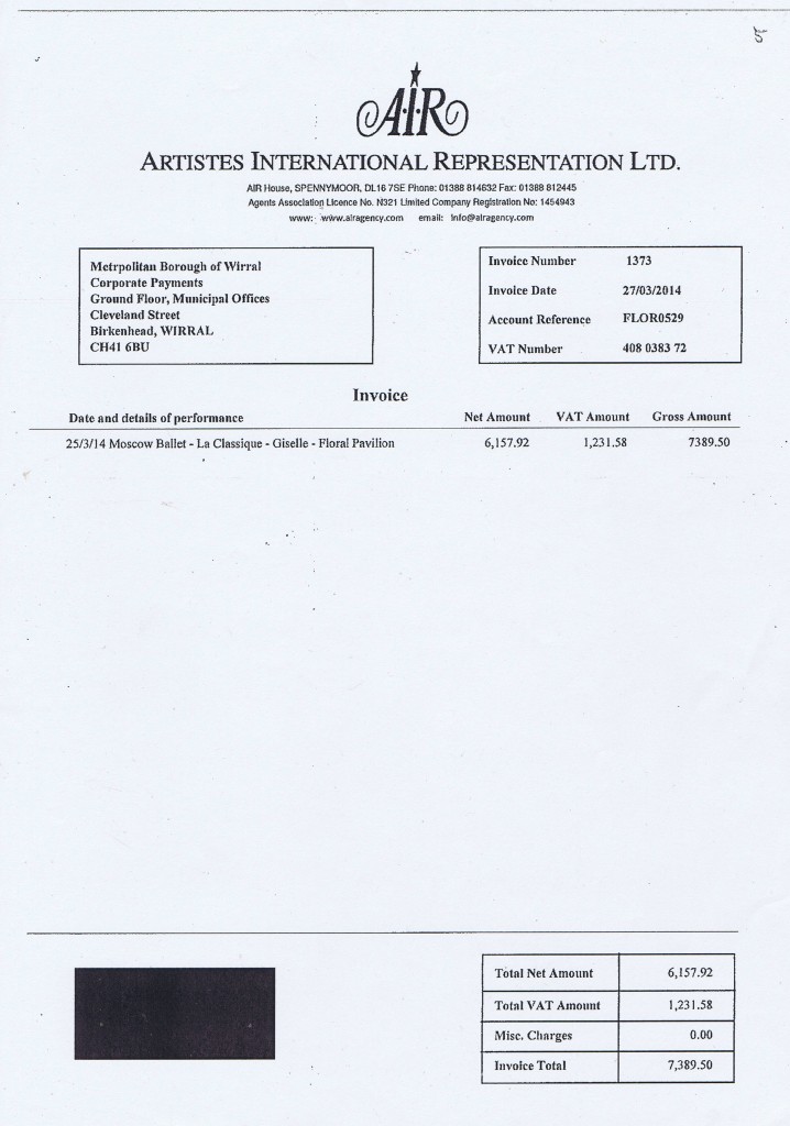 Wirral Council invoice 5 Moscow Ballet Giselle £7389.50