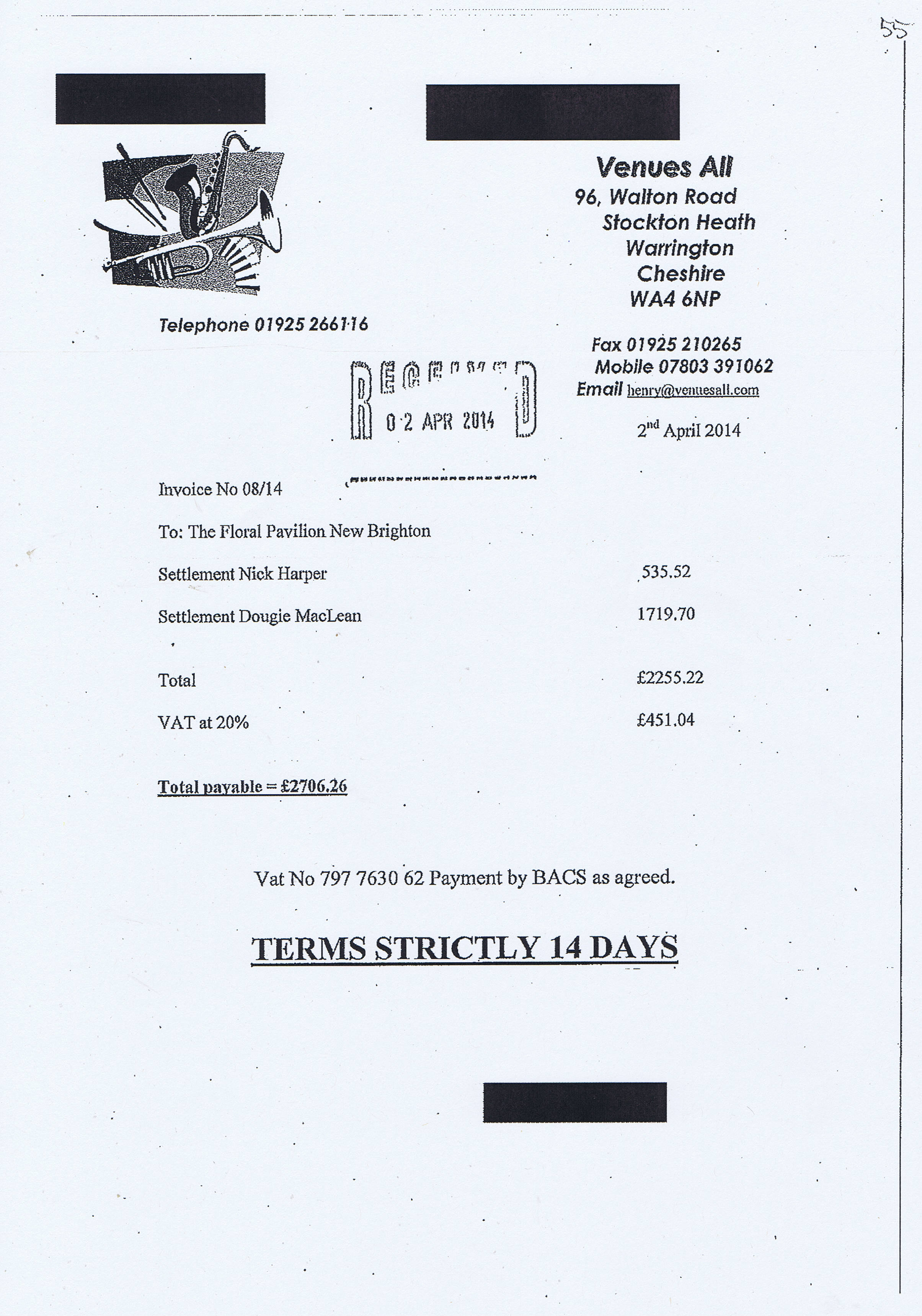 Wirral Council invoice 55 Venues All £2706.26