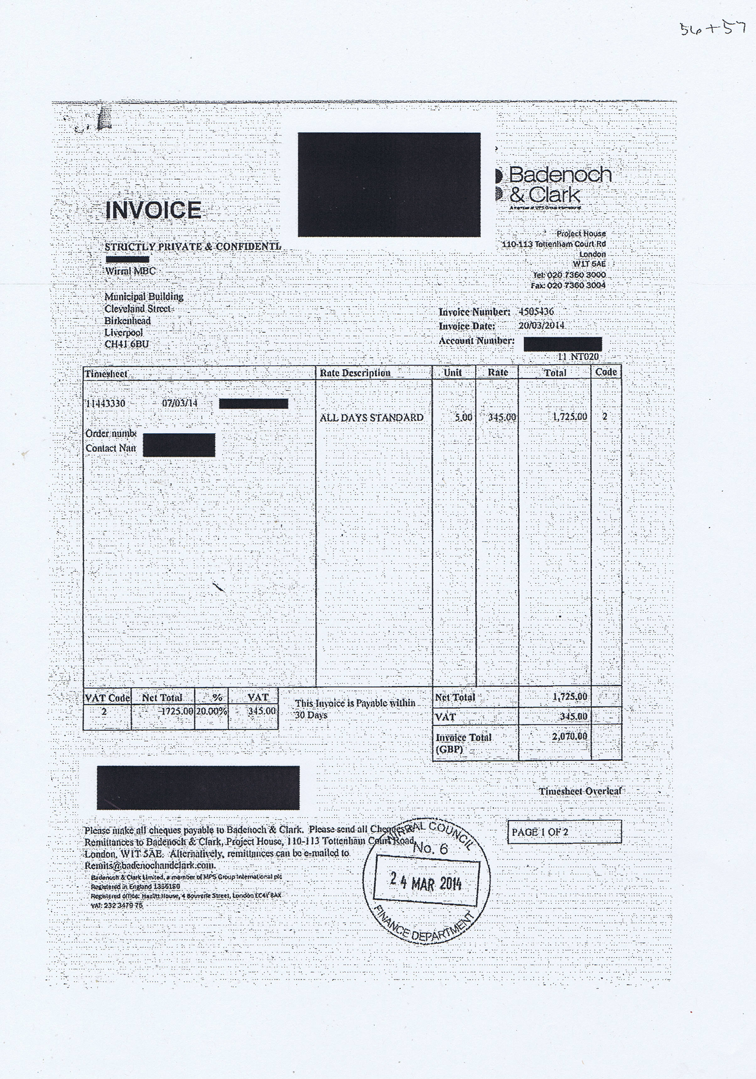 Wirral Council invoice 56 and 57 Badenoch & Clark £2070