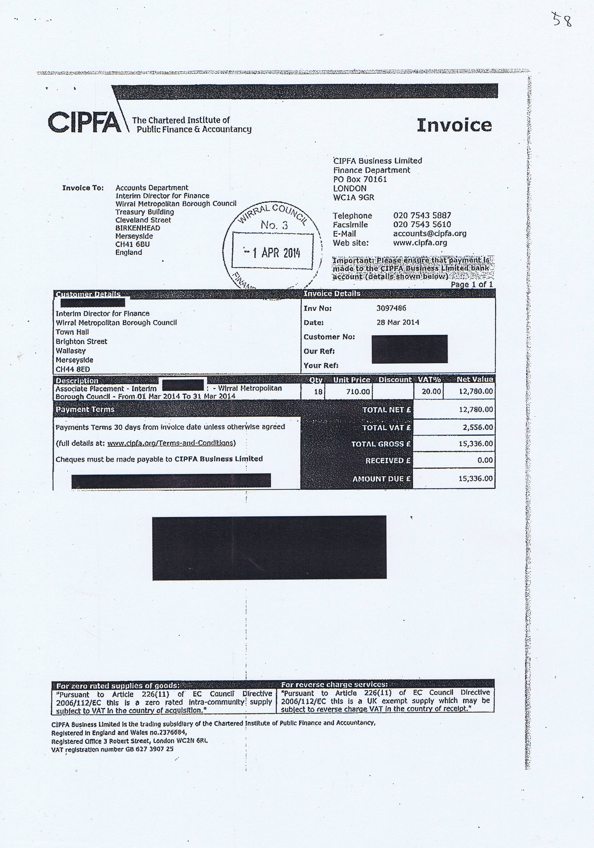 Wirral Council invoice 58 The Chartered Institute of Public Finance & Accountancy CIPFA £15336
