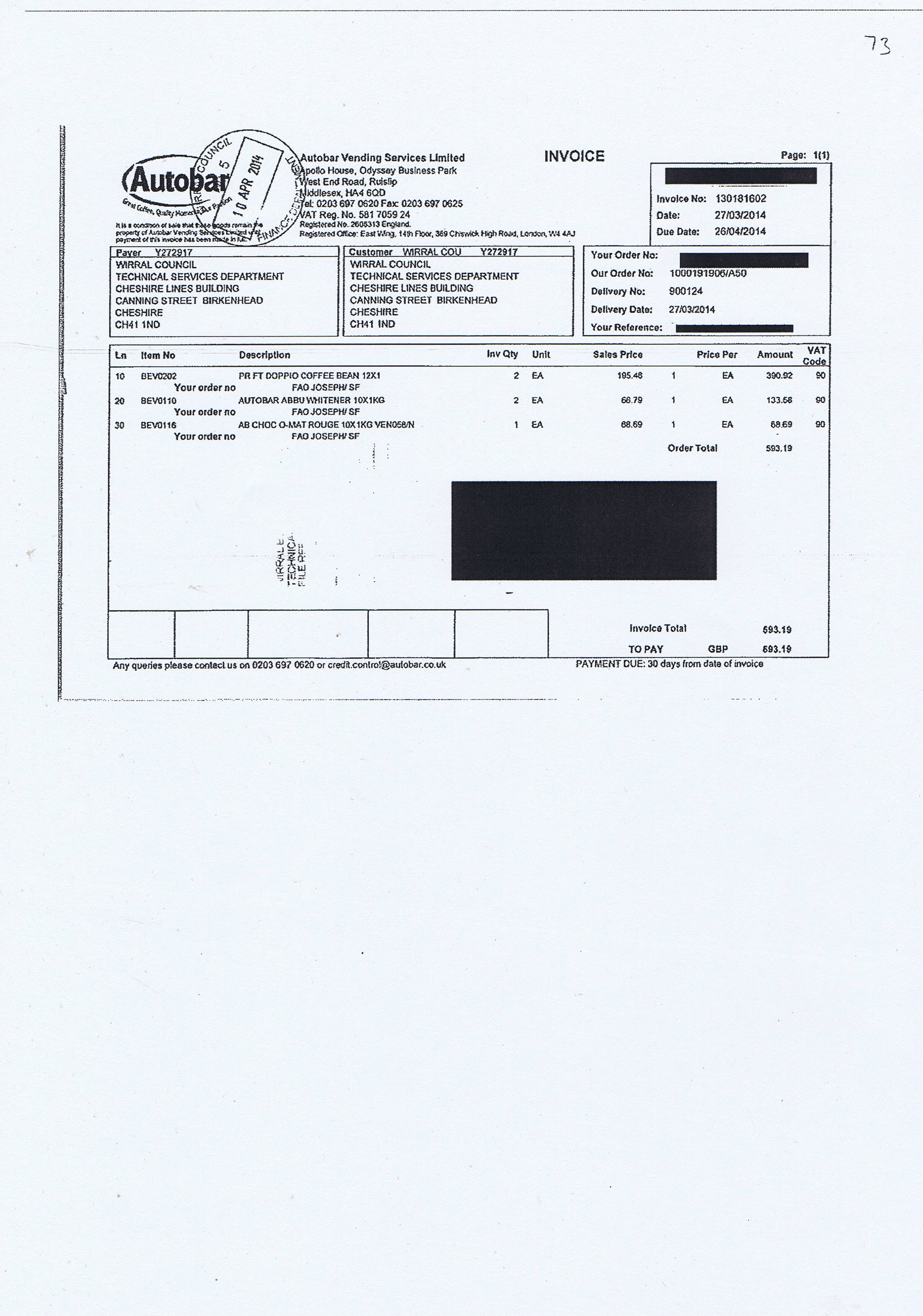 Wirral Council invoice 73 Autobar Vending Services Limited £593.19