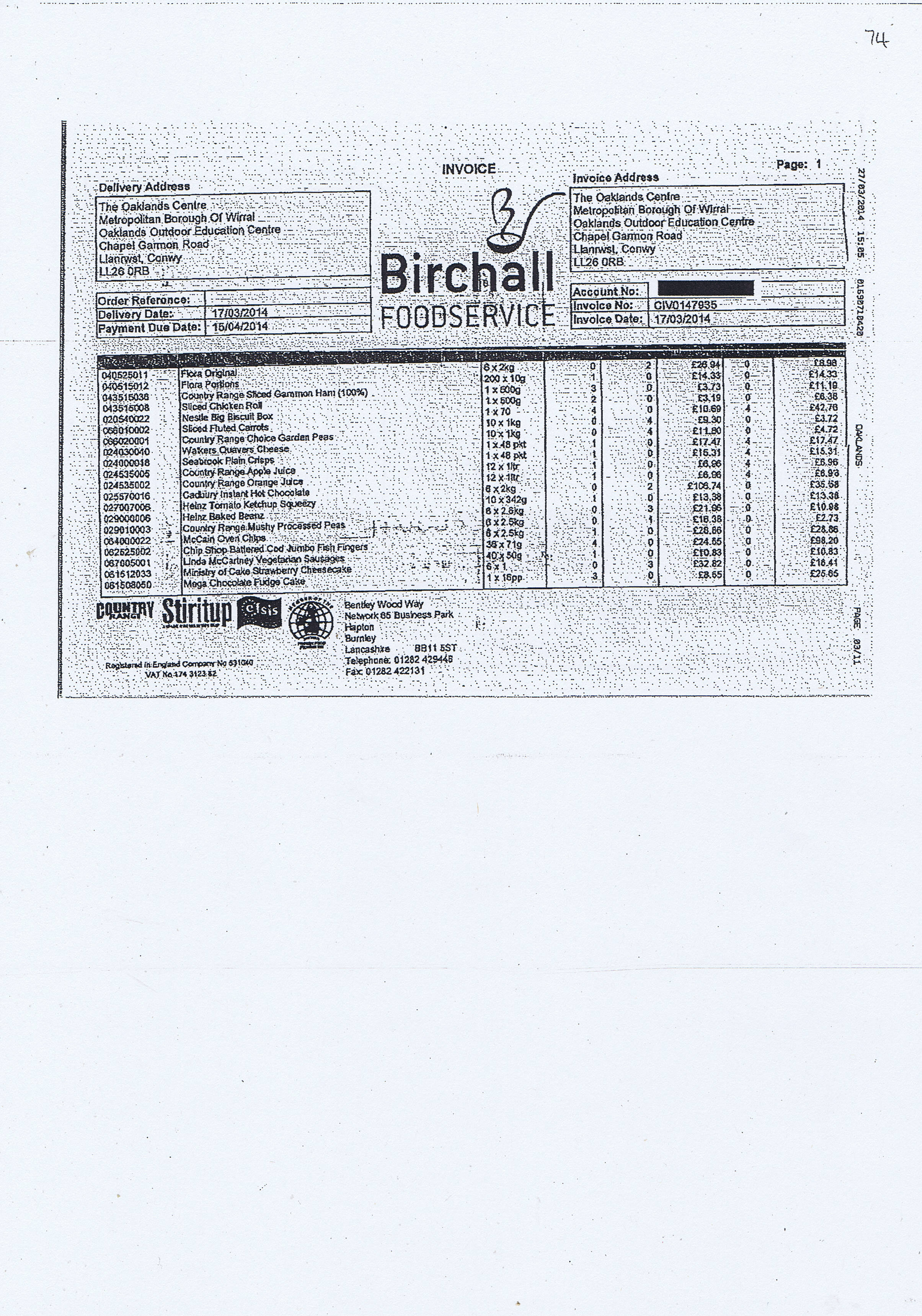 Wirral Council invoice 74 Birchall Foodservice £512.86 page 1 of 2