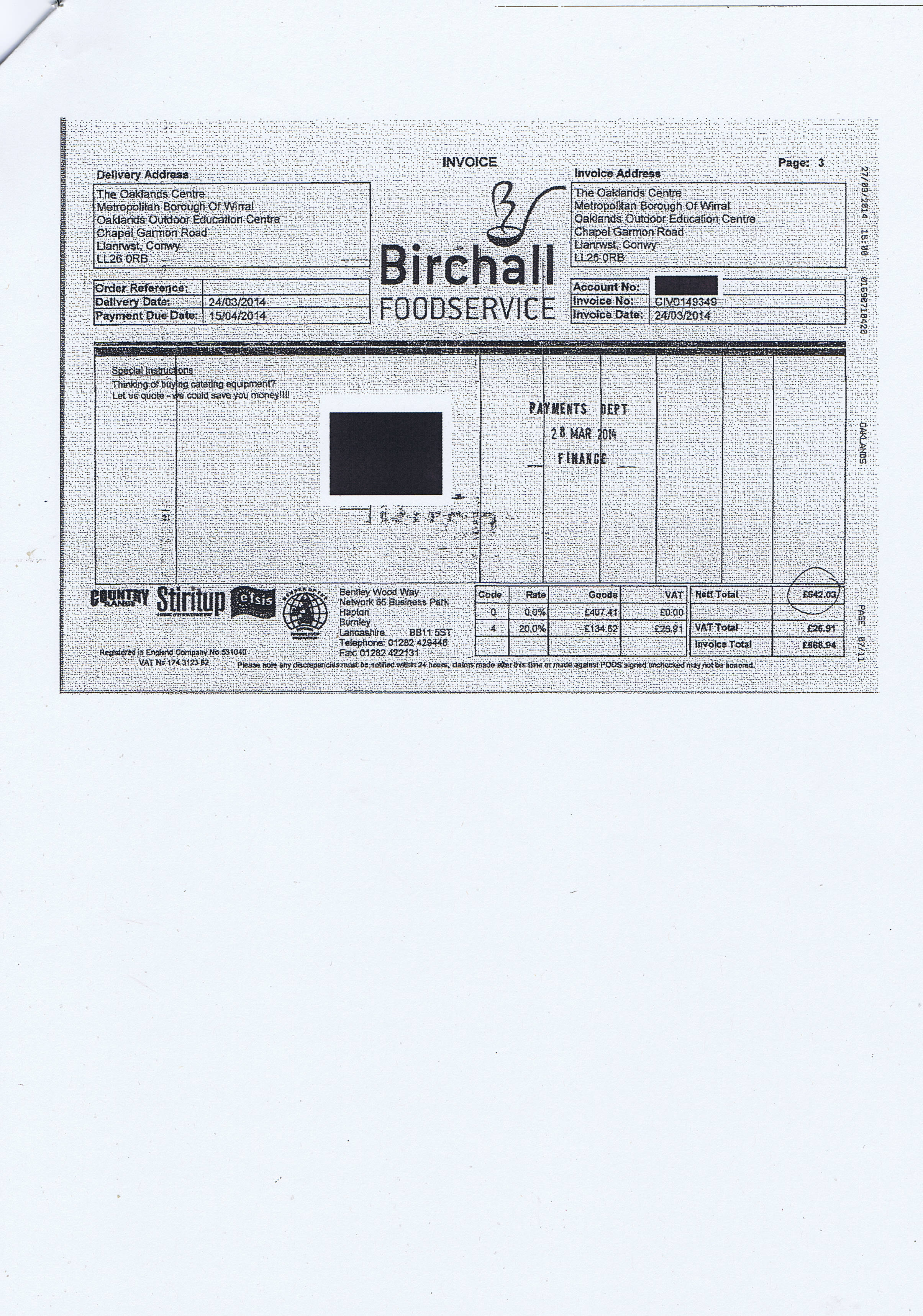 Wirral Council invoice 75 Birchall Foodservice £568.94 page 3 of 3