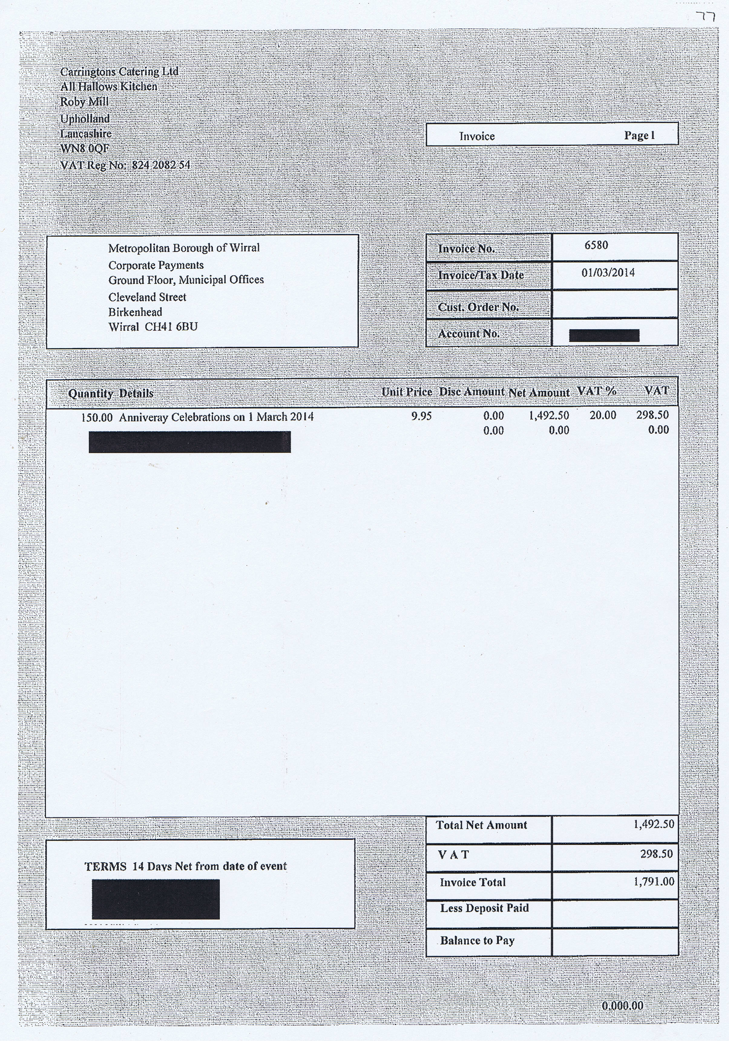 Wirral Council invoice 77 Carringtons Catering Ltd £1791