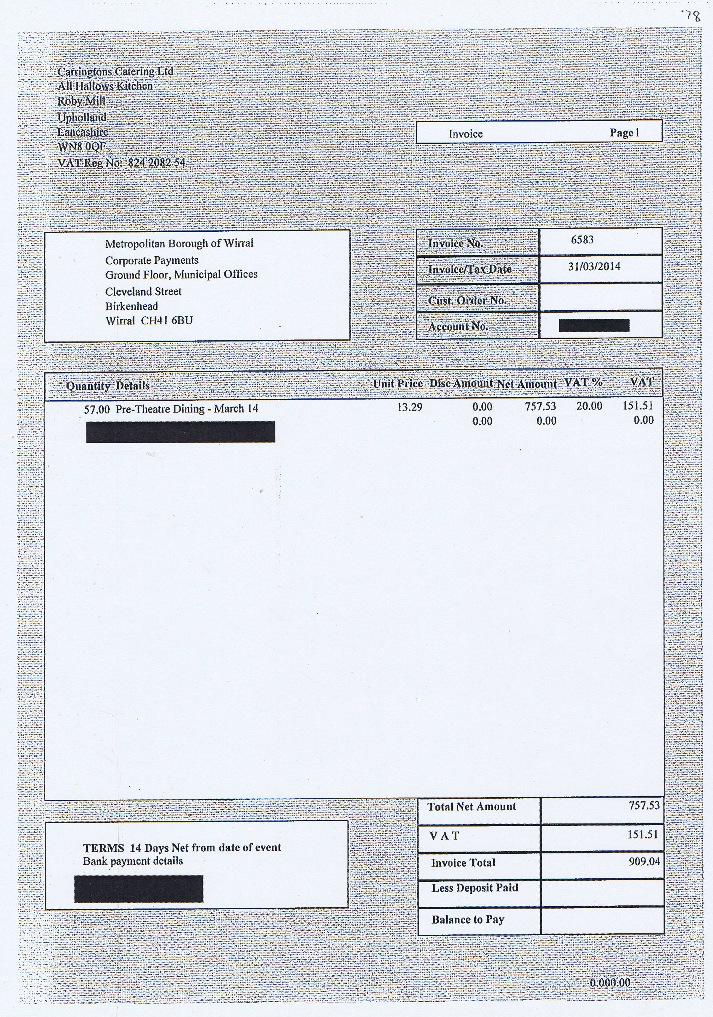 Wirral Council invoice 78 Carringtons Catering Ltd £909.04