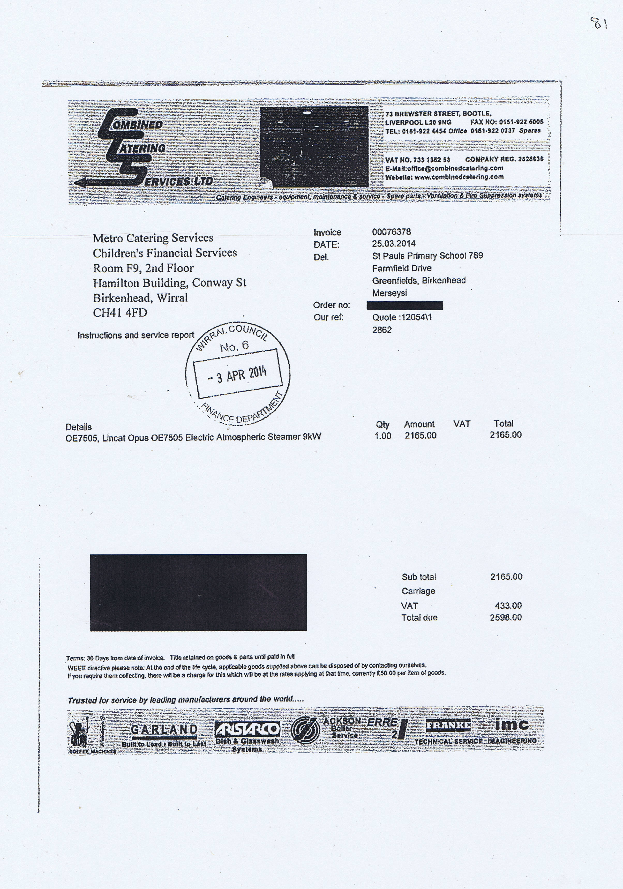 Wirral Council invoice 81 Combined Catering Services Ltd £2598