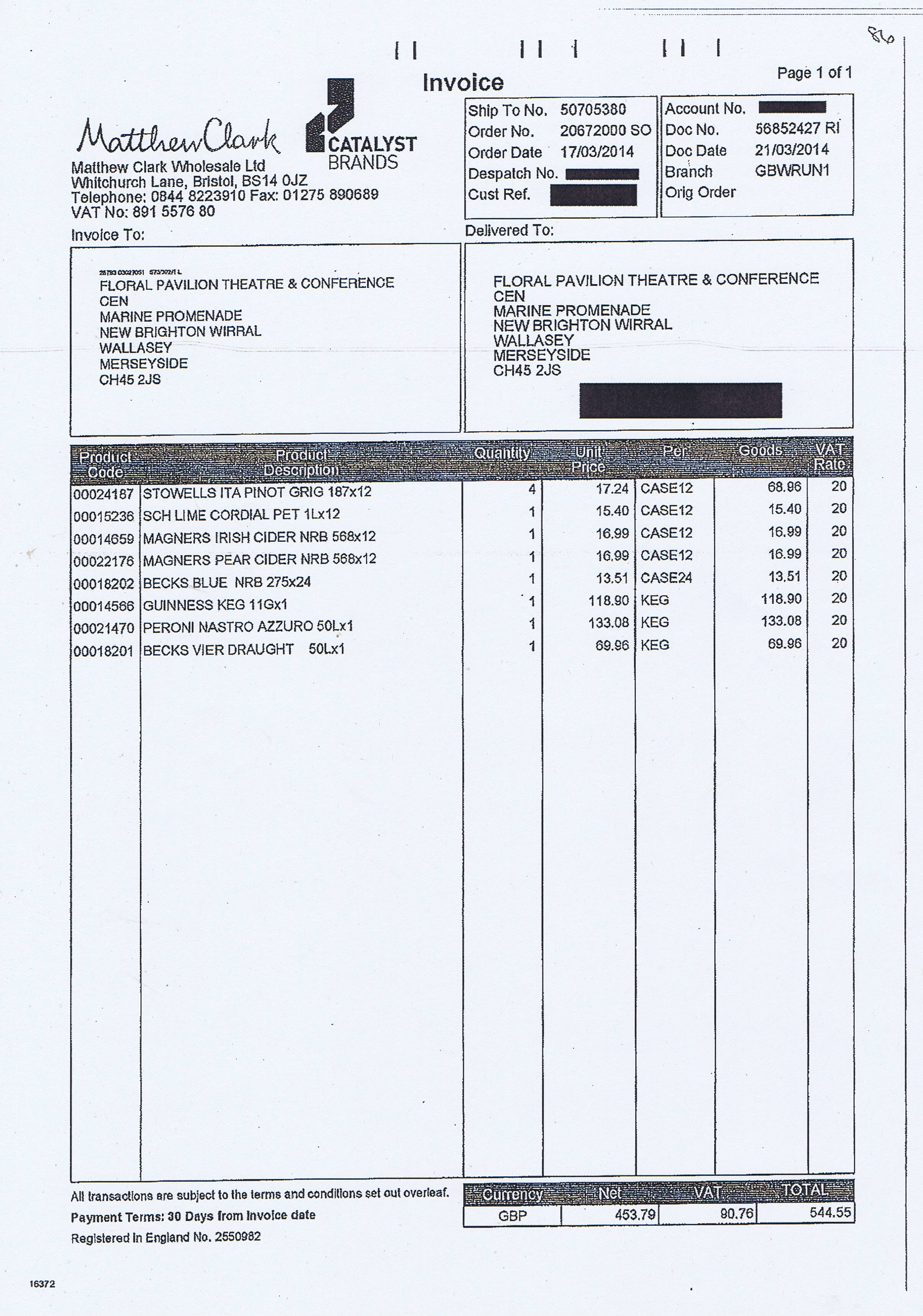 Wirral Council invoice 86 Matthew Clark Wholesale Ltd £544.55