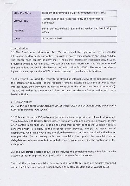 Surjit Tour briefing note on FOI to Transformation and Resources Policy and Performance Committee page 1 of 8 thumbnail