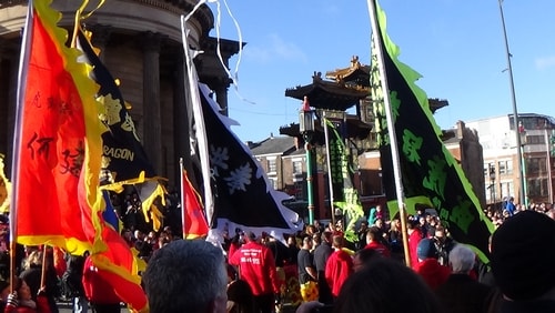 Chinese New Year Liverpool 2016 flags in Chinese dragon parade 7th February 2016 photo 3