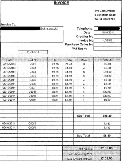 Eye Cab Ltd taxi invoice Wirral Council October 2014