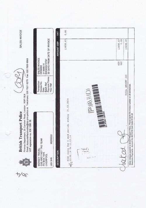 Merseytravel 2014 2015 audit month 1 invoice BRITISH TRANSPORT POLICE £13698 87p page 1 of 2 thumbnail