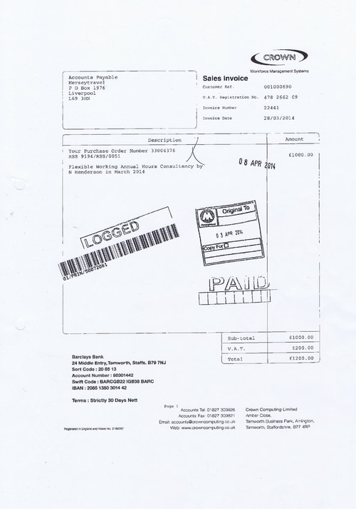 Merseytravel 2014 2015 audit month 1 invoice CROWN COMPUTING LTD £1000 page 1 of 1