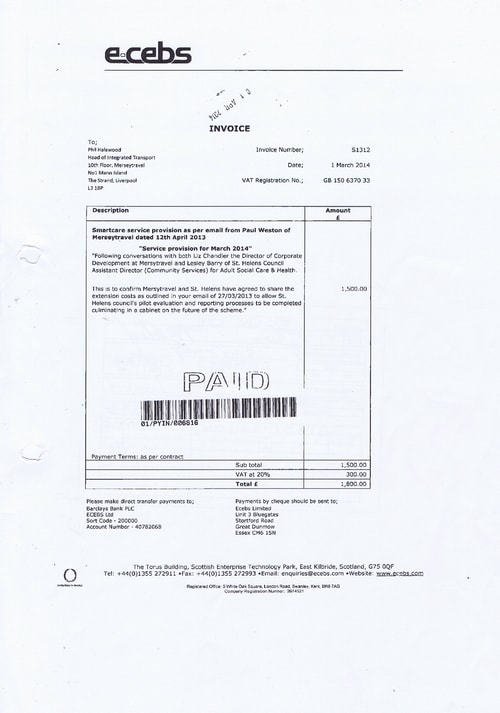 Merseytravel 2014 2015 audit month 1 invoice ECEBS LTD £1500 page 1 of 2 thumbnail