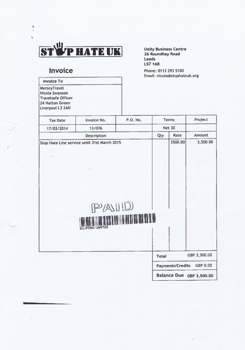 Merseytravel 2014 2015 audit month 1 invoice STOP HATE UK £3500 page 1 of 1
