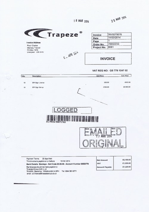 Merseytravel 2014 2015 audit month 1 invoice TRAPEZE GROUP (UK) LTD £6100 page 1 of 1 thumbnail