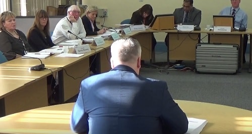 Paddy Cleary of UNISON (in the foreground) addresses a meeting of Wirral Council's Cabinet about Girtrell Court 22nd February 2016