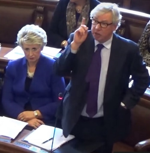 Cllr Jeff Green (Conservative Leader) on the right speaking at the Extraordinary Meeting of Wirral Council to discuss Girtrell Court 4th April 2016