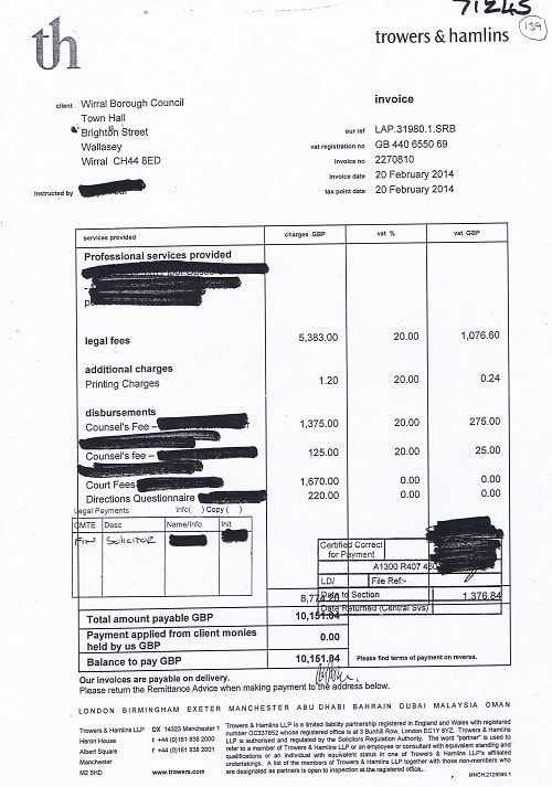 An example of an invoice supplied by Wirral Council during a previous audit