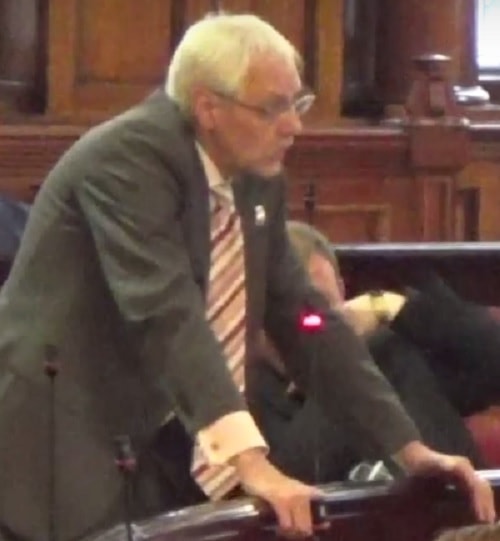 Councillor Richard Kemp (left) (Leader of the Liberal Democrat Group) speaking at the Annual Meeting of Liverpool City Council on the 25th May 2016