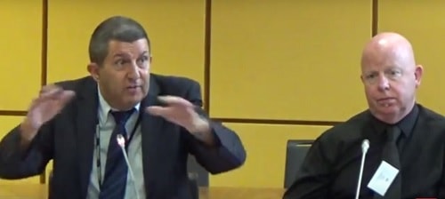 Left: Councillor Steve Williams (Conservative, Wirral Council) describes at a public meeting of the Merseyside Recycling and Waste Authority the effect on his neighbour with 6 children of proposed changes to bin collections Right: Councillor Tony Norbury (Labour, Wirral Council)