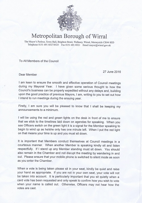 letter from Mayor of Wirral Cllr Pat Hackett to councillors on Wirral Council 27th June 2016 Page 1 of 2
