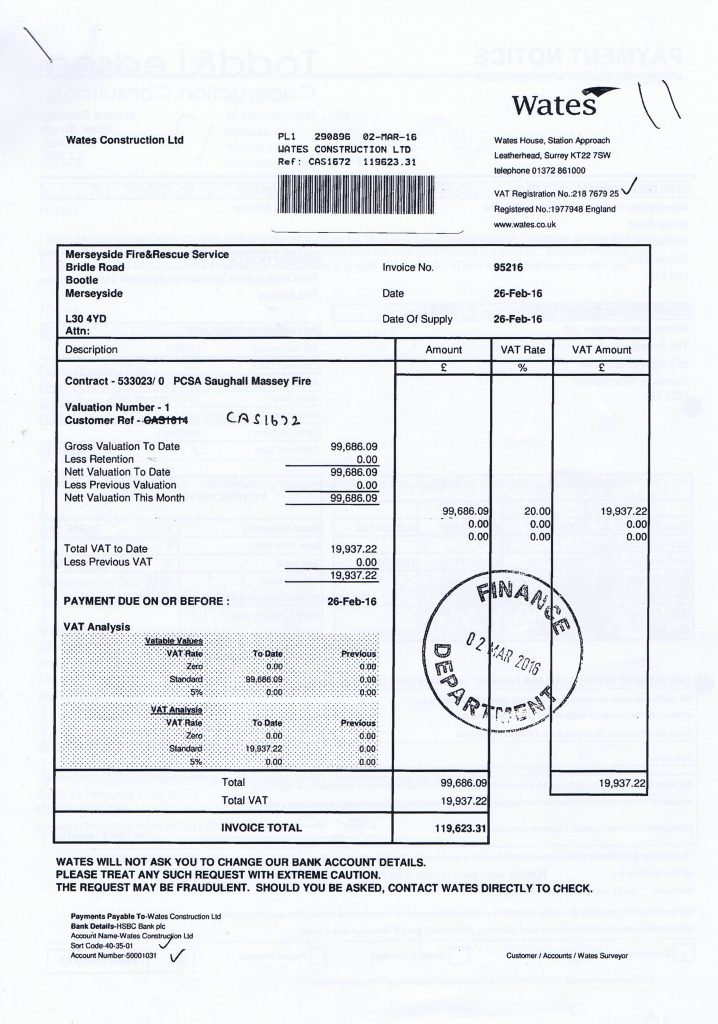 0 Wates Construction Ltd invoice 26th February 2016 Saughall Massie Fire Station £119623.31 Page 1 of 2