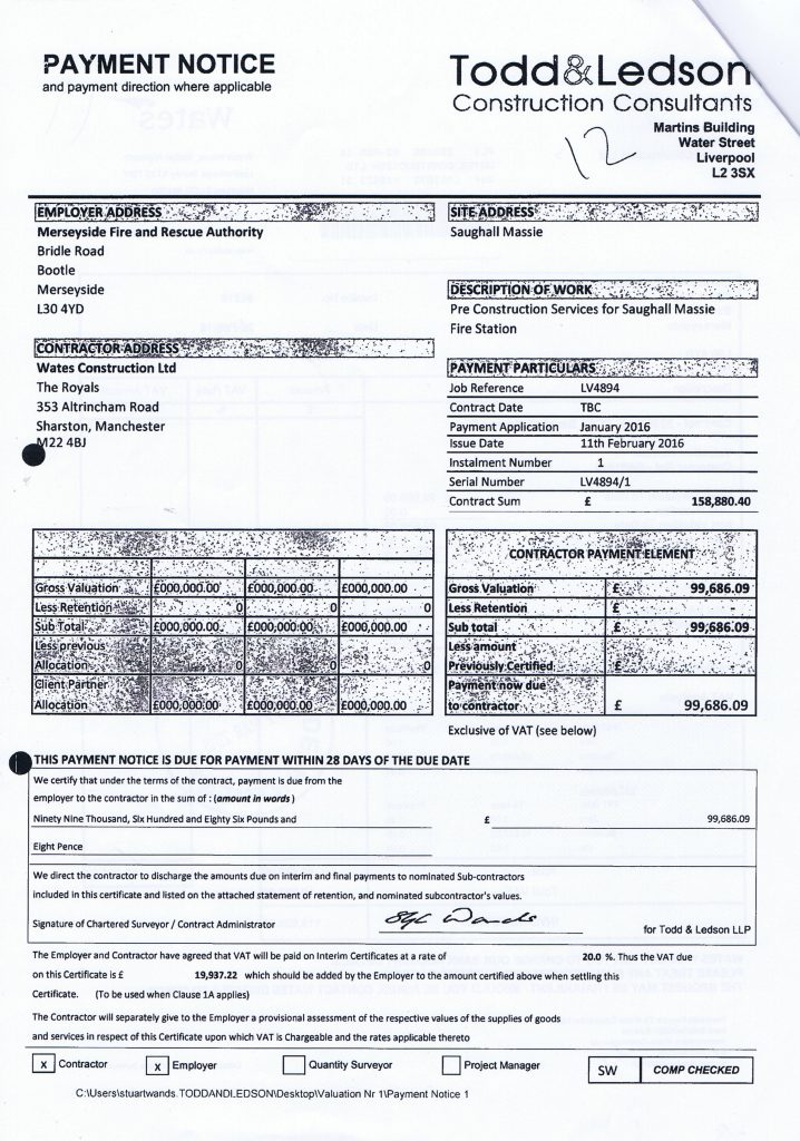 1 Wates Construction Ltd invoice 26th February 2016 Saughall Massie Fire Station £119623.31 Page 2 of 2