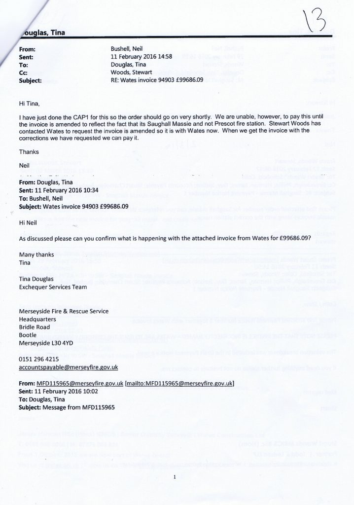 2 email from Neil Bushell to Tina Woods and Stewart Woods re Wates invoice 94903 £99686.09