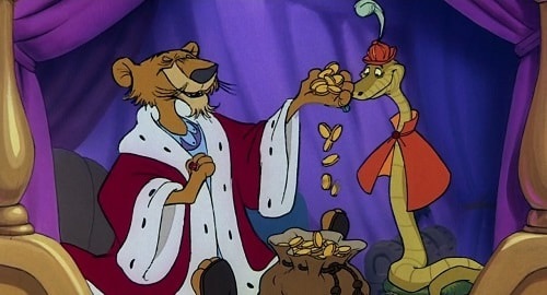 King John and the snake from Disney's Robin Hood counting gold coins