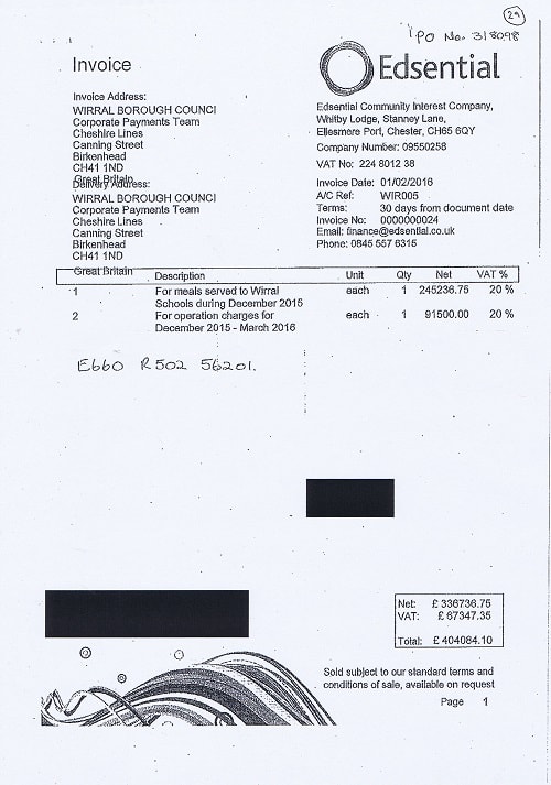 Edsential invoice to Wirral Borough Council 2nd January 2016 Wirral Schools meals and operation charges £404084.10