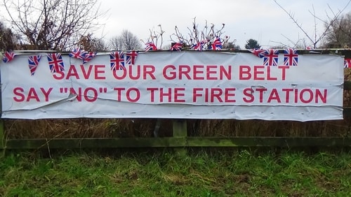 Land off Saughall Massie Road Saughall Massie 13th December 2016 SAVE OUR GREEN BELT SAY NO TO THE FIRE STATION banner