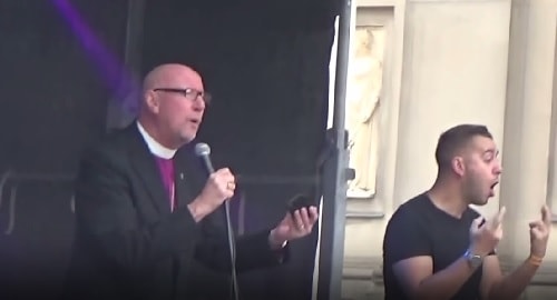Bishop of Liverpool (Rt Revd Paul Bayes) address before Liverpool Pride march 29th July 2017 outside St Georges Hall Liverpool