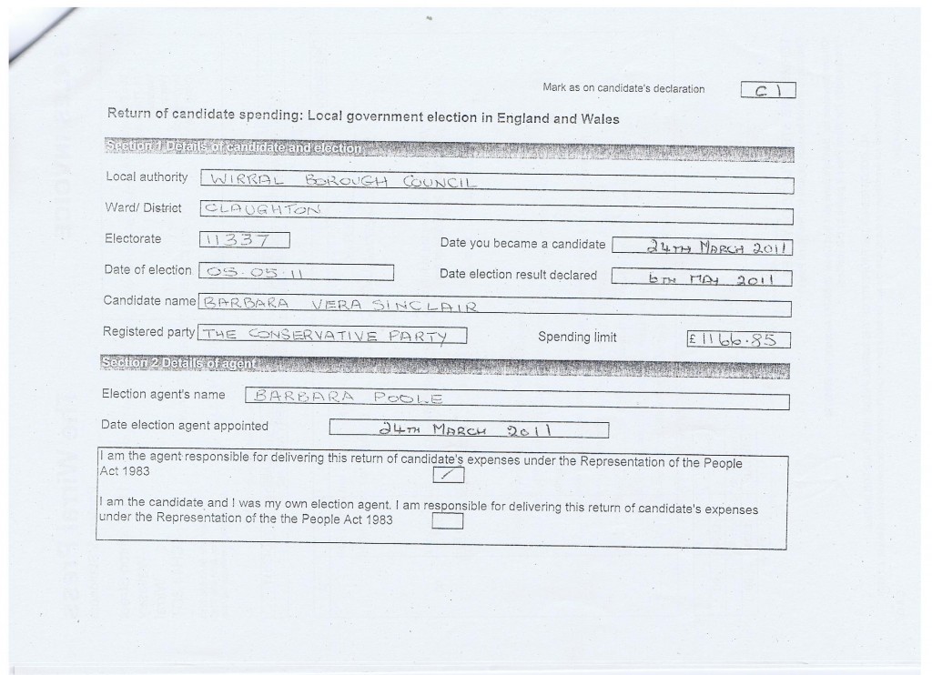 Election expenses Barbara Sinclair Page 1 Claughton Wirral Council 2011 Details of candidate and election Section 2 details of agent