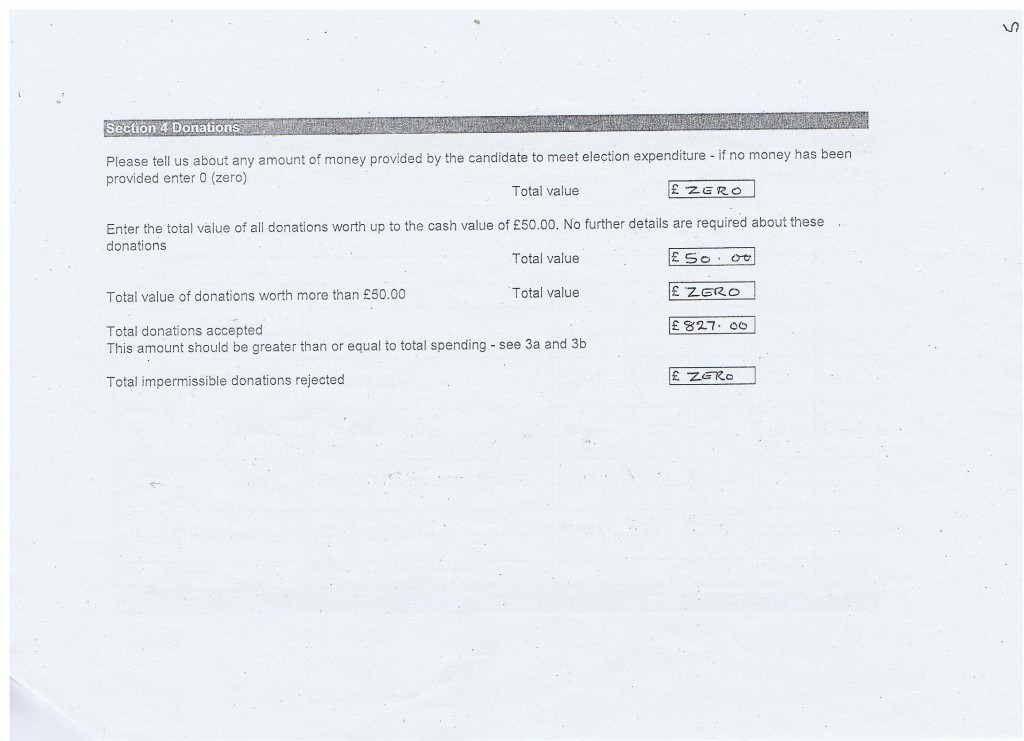 Election expenses Steve Foulkes Page 3 Claughton Wirral Council 2011 Section 4 Donations