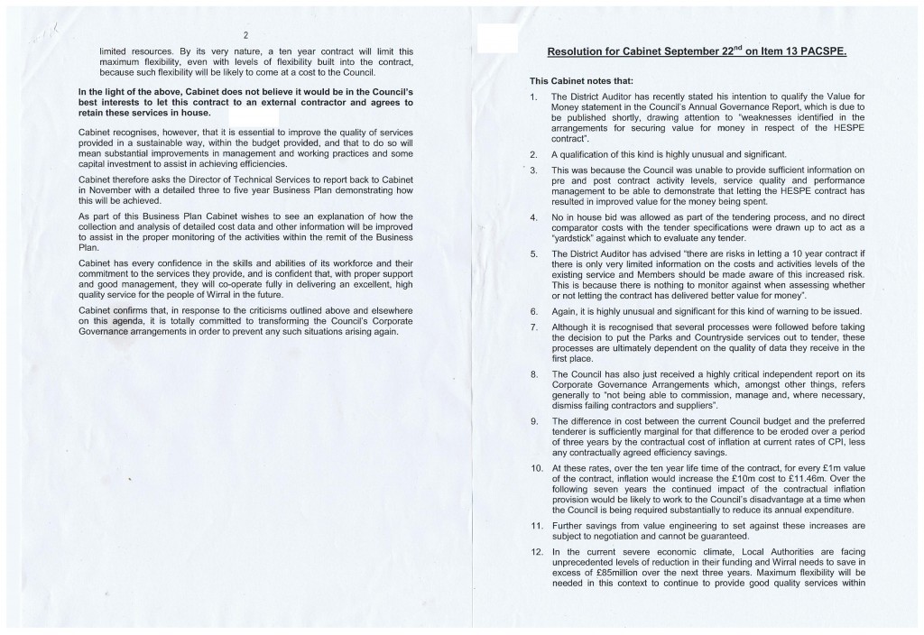Wirral Council's Cabinet 22/9/11 Item 13 Resolution PACSPE